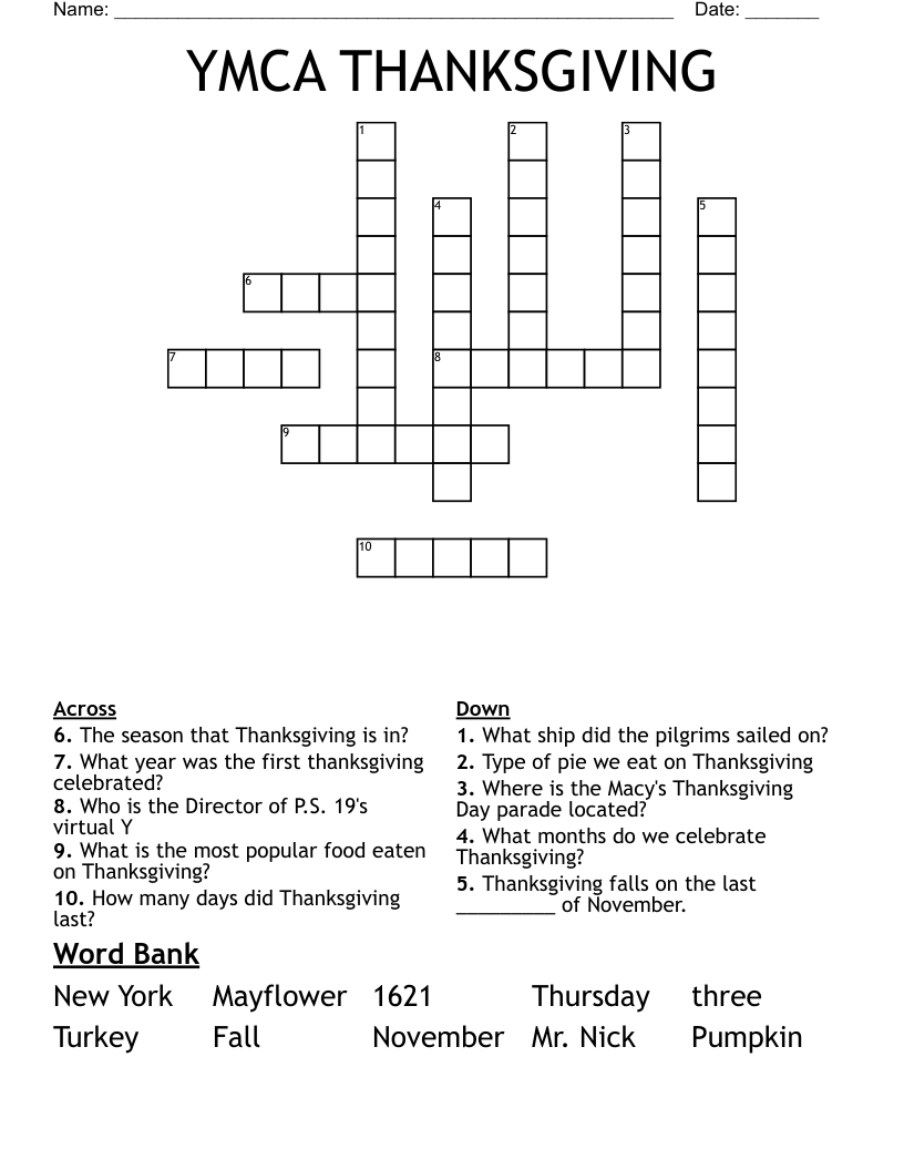 YMCA THANKSGIVING Crossword WordMint