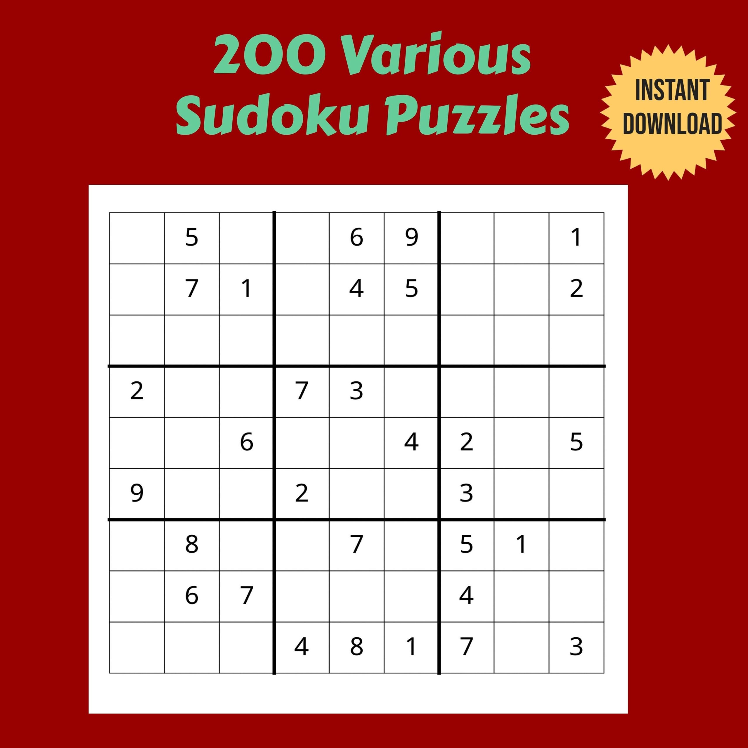 200 Variety Of Printable Sudoku Puzzles Easy Medium And Hard Etsy Worksheets Library