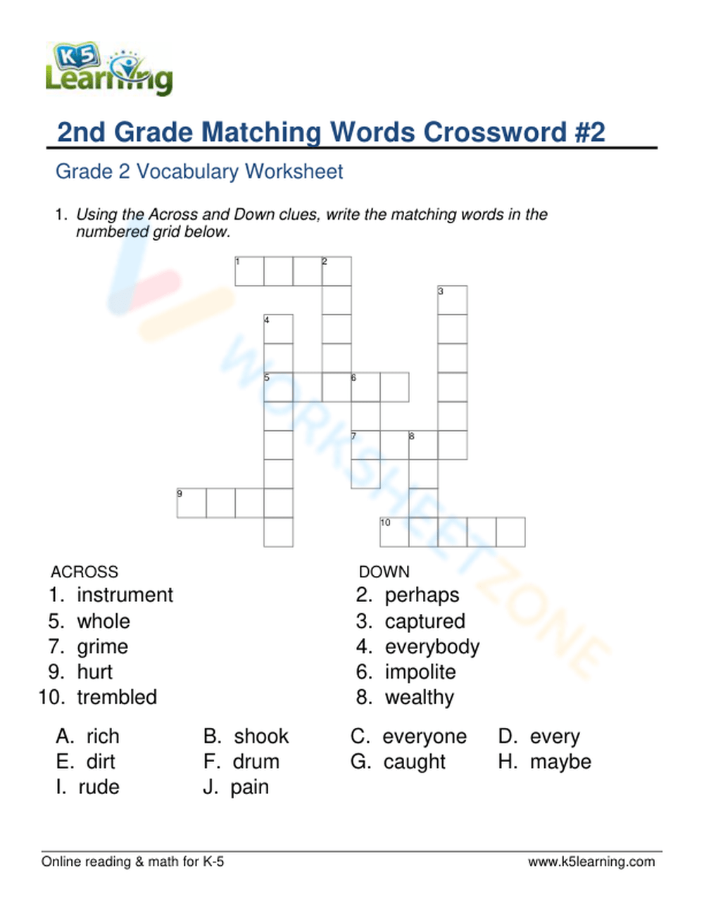 2nd Grade Matching Words Crossword 2 Worksheet
