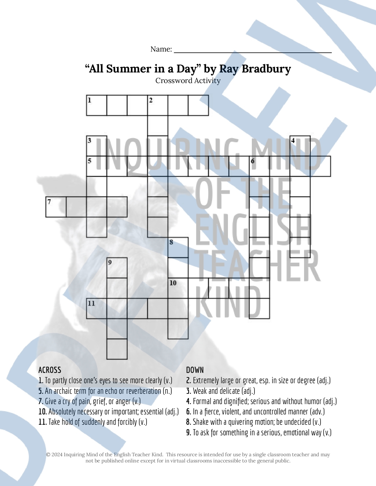 All Summer In A Day By Ray Bradbury Vocabulary Games Crossword Word Search Made By Teachers