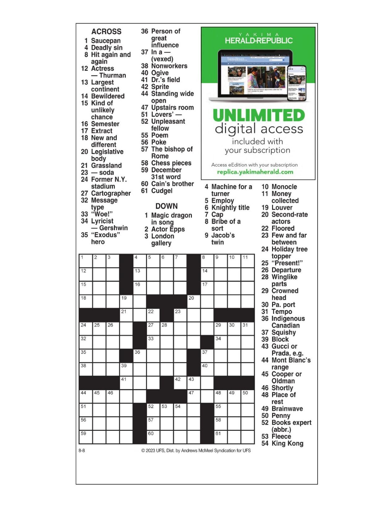AM Crossword Aug 8 2023 Crosswords Yakimaherald