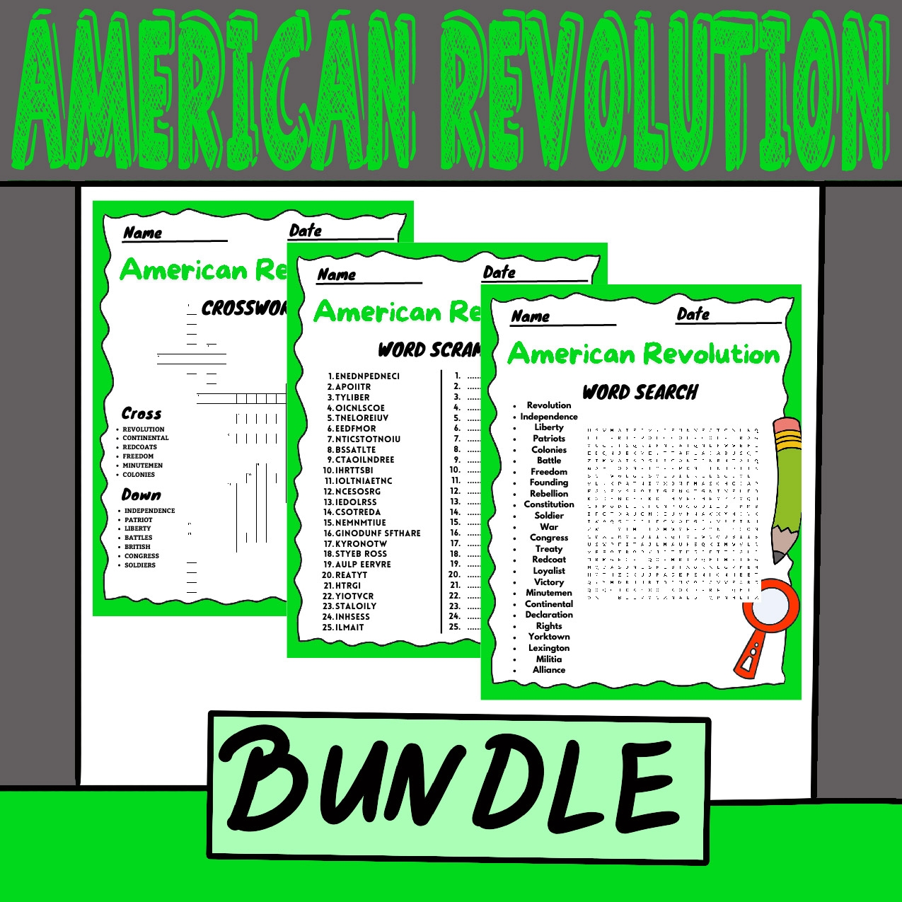 American Revolution Word Search word Scrimble crossword Puzzle Made By Teachers