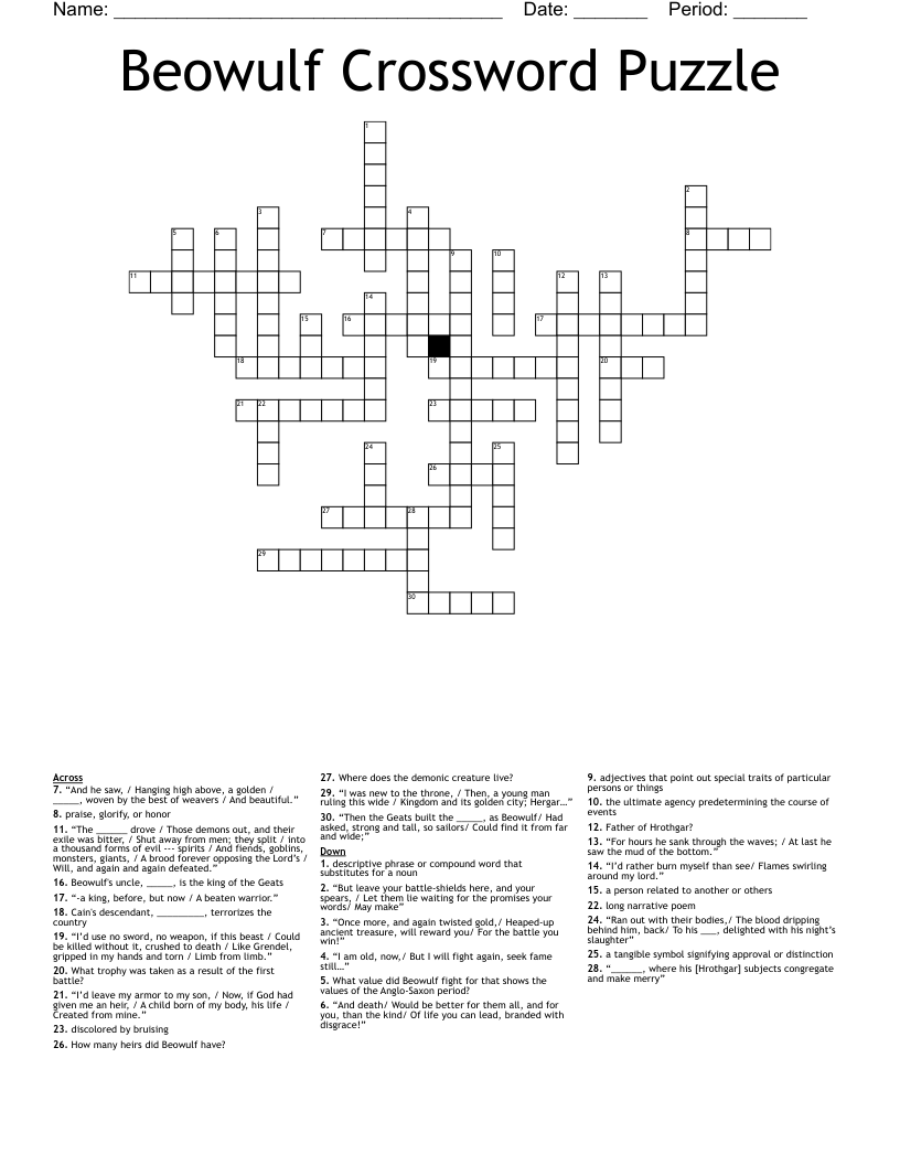 Beowulf Crossword Puzzle WordMint Beowulf Crossword Puzzle WordMint
