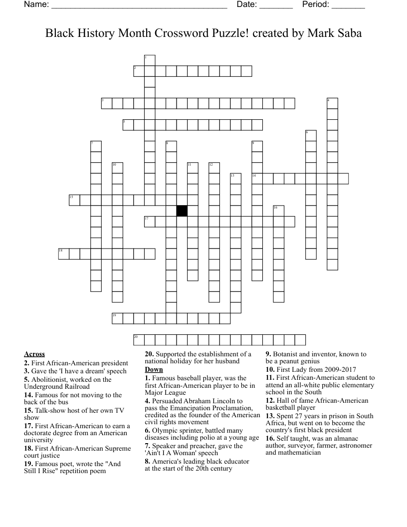 Black History Crossword Puzzles Printable Worksheets Library
