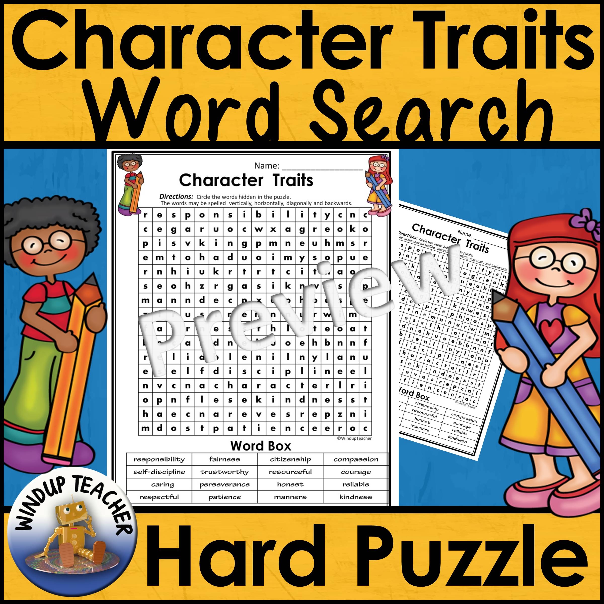 Character Traits Word Search HARD Puzzle Made By Teachers