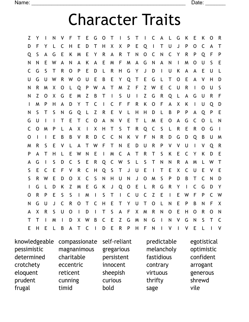 Character Traits Word Search WordMint