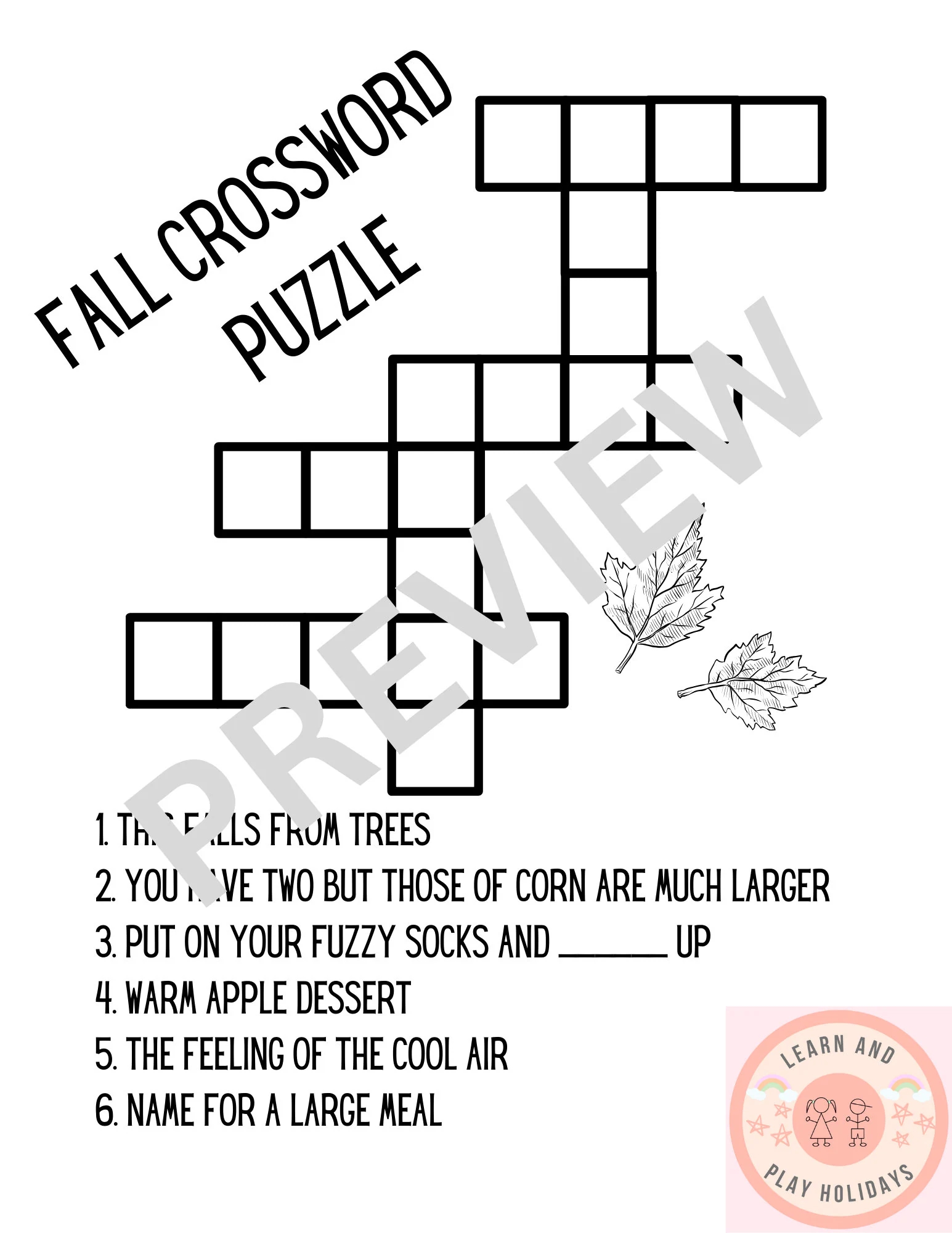 Children s Fall Crossword Puzzle Printable Activity Etsy Children s Fall Crossword Puzzle Printable Activity Etsy