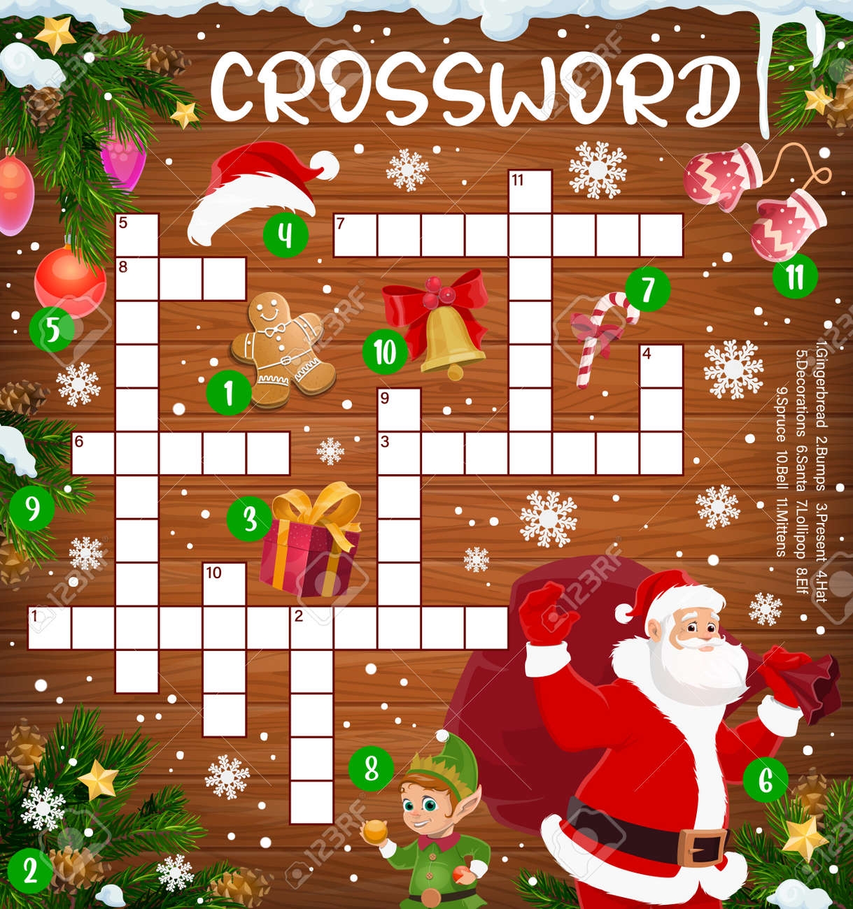 Christmas Crossword Cross Puzzle With Santa And Gifts Pine Tree And Gingerbread Elf And Lollipop Candy Find Word Quiz For Kids Educational Riddle With Christmas Cartoon Characters Wood Background Royalty Free SVG 