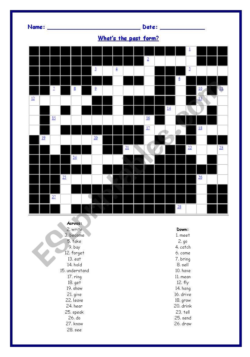Printable Simple Past Crossword