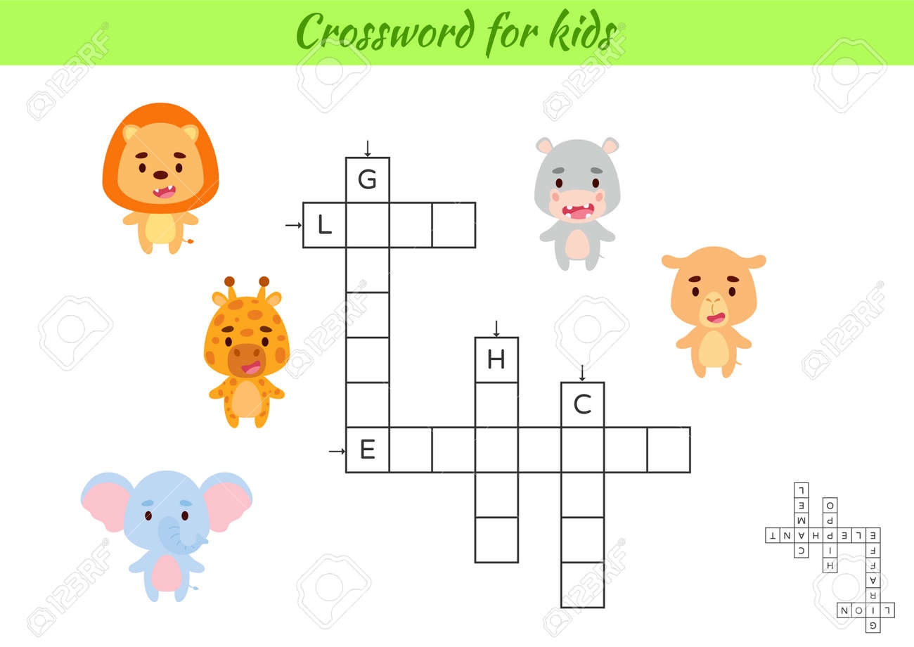 Crossword For Kids With Pictures Of Animals Educational Game For Study English Language And Words Children Activity Printable Worksheet Includes Answers Vector Stock Illustration Royalty Free SVG Cliparts Vectors And Stock Illustration 