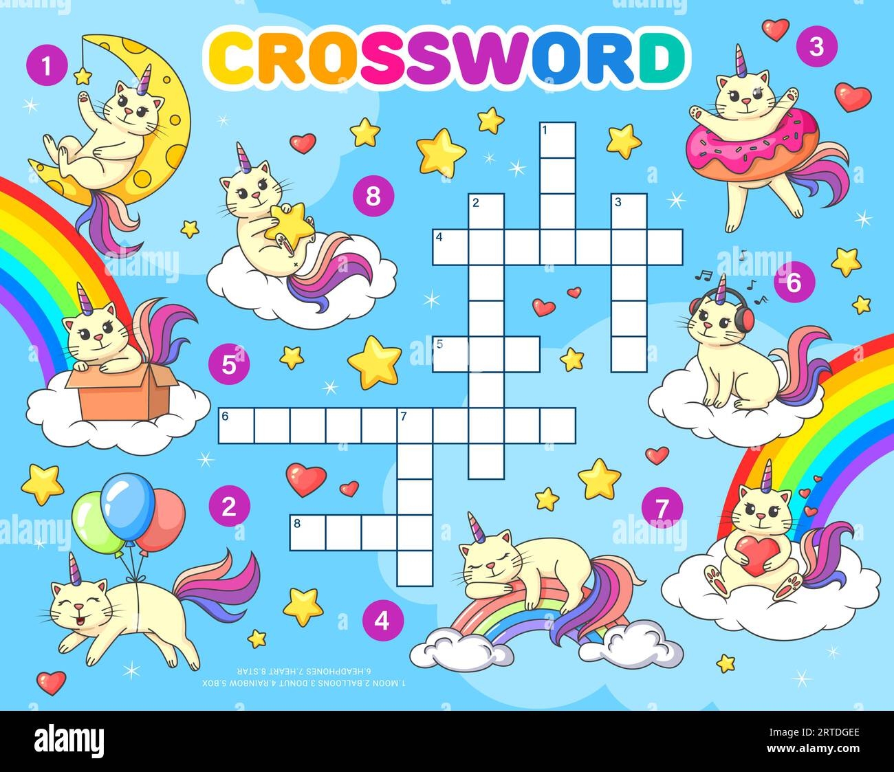 Crossword Quiz Game Grid Cartoon Funny Caticorn Cats On Rainbow Vector Cross Word Puzzle Worksheet For