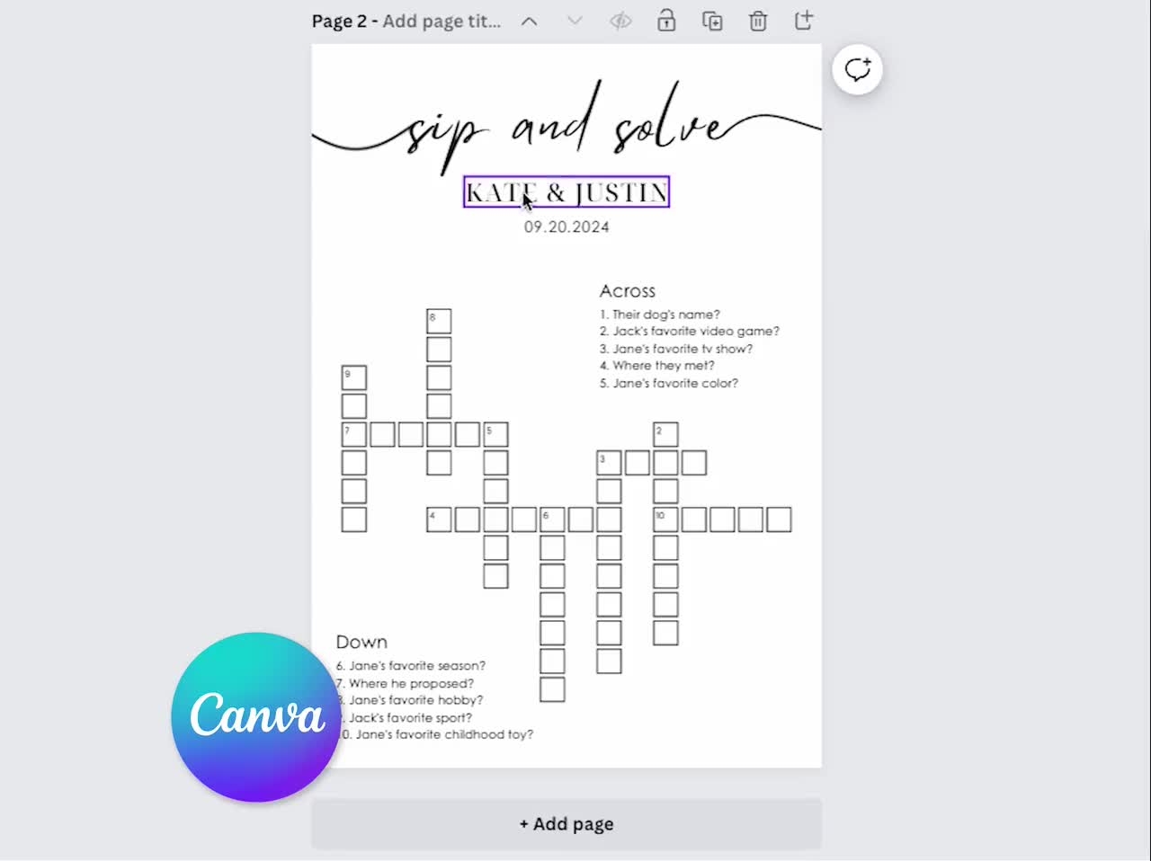 Custom Large Wedding Crossword Puzzle Easy To Create Sip Solve 48x36 36x48 36x24 24x36 Inches Template Editable Giant Games WG143 Etsy
