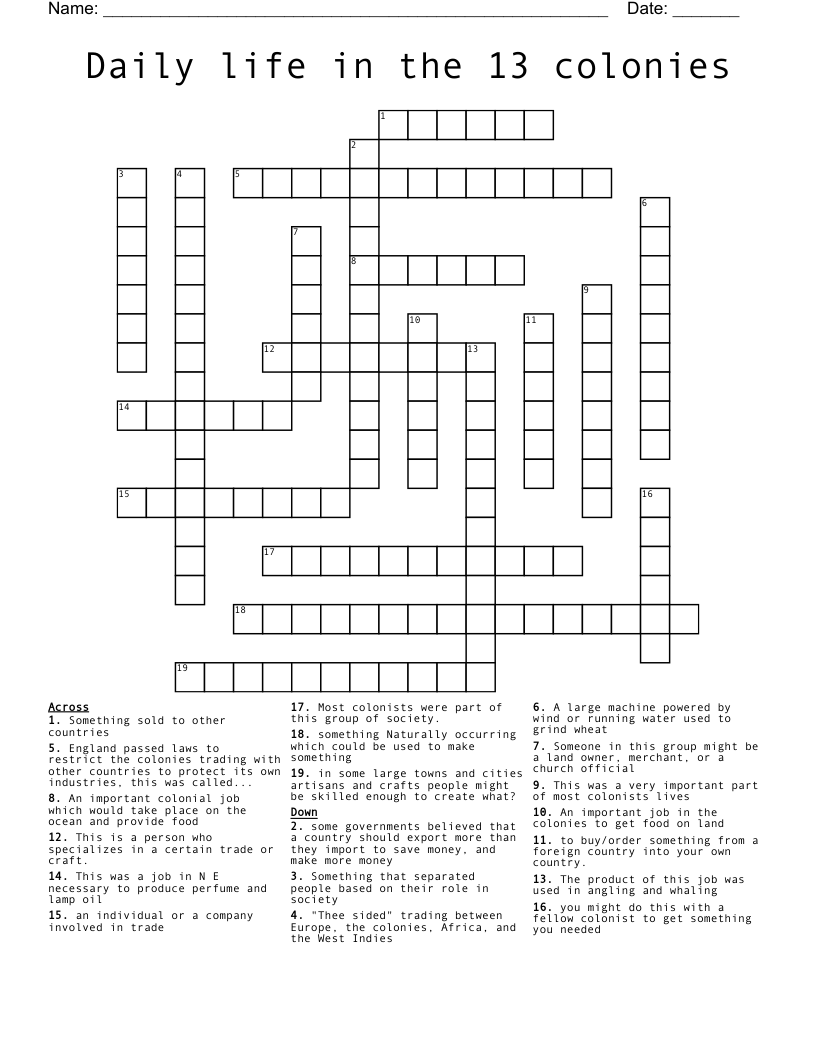 Daily Life In The 13 Colonies Crossword WordMint