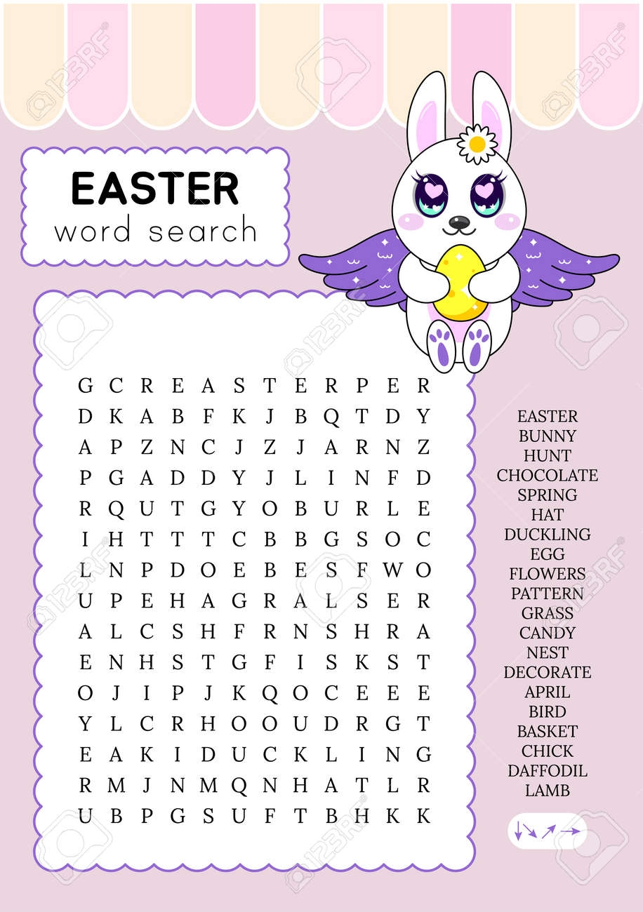 Easter Word Search Puzzle Educational Trivia Game Funny Holiday Crossword Worksheet Party Card Fun Printable Spring Activities Page For Learning English Words Vector Bunny W Royalty Free SVG Cliparts Vectors And Stock