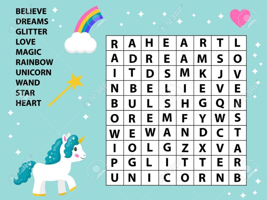 Educational Game Word Search For Kids Crossword Game Fairy Tale Cute Cartoon Vector Unicorn Rainbow And Magic Wand Learning English Vocabulary Royalty Free SVG Cliparts Vectors And Stock Illustration Image 120362113