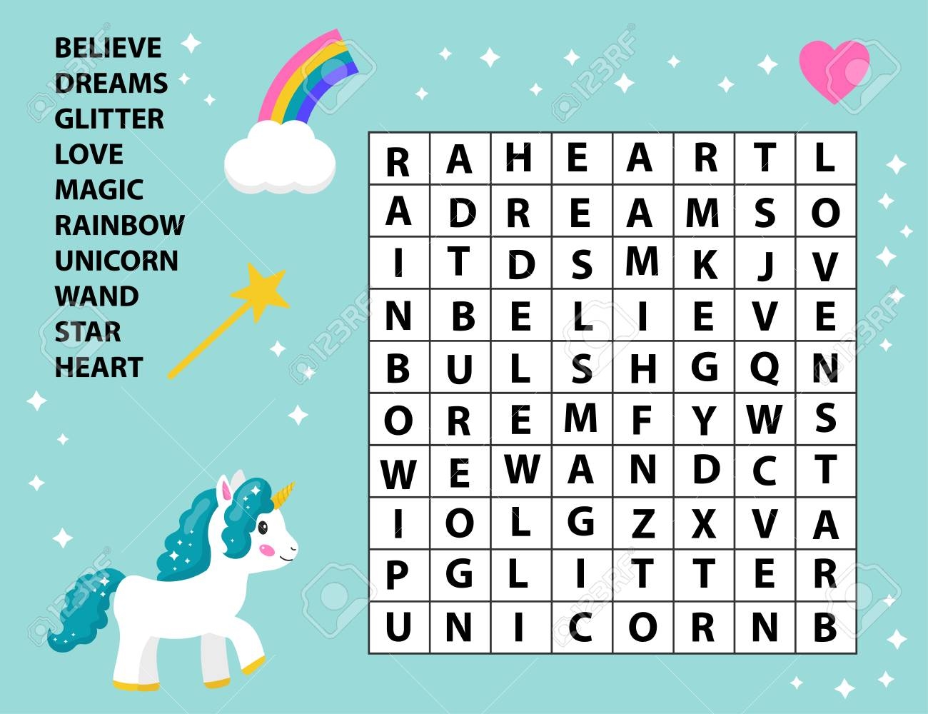Educational Game Word Search For Kids Crossword Game Fairy Tale Cute Cartoon Vector Unicorn Rainbow And Magic Wand Learning English Vocabulary Royalty Free SVG Cliparts Vectors And Stock Illustration Image 120362113 