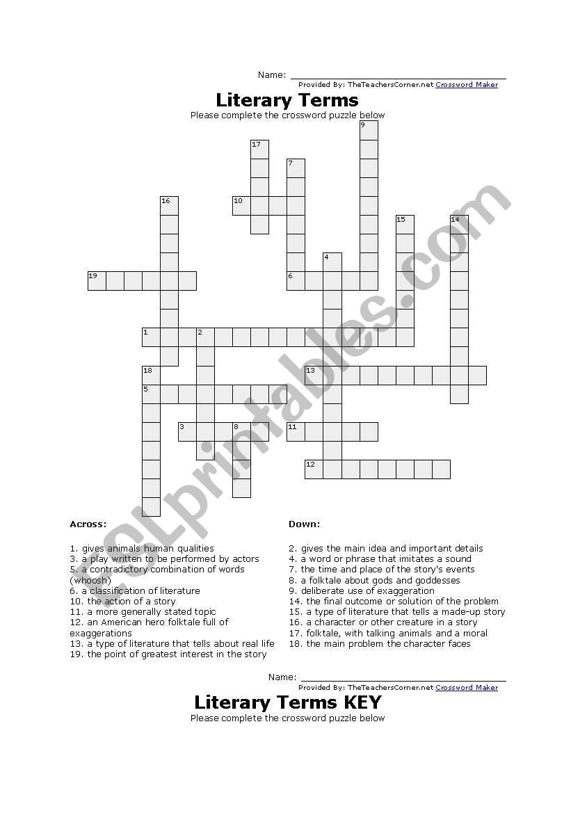 English Worksheets Poetic Terms Crossword