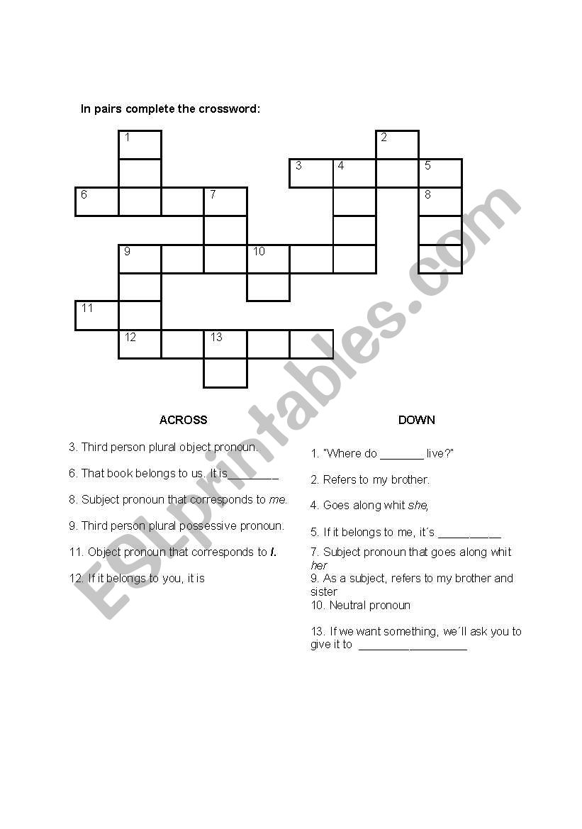 English Worksheets Pronouns Crossword