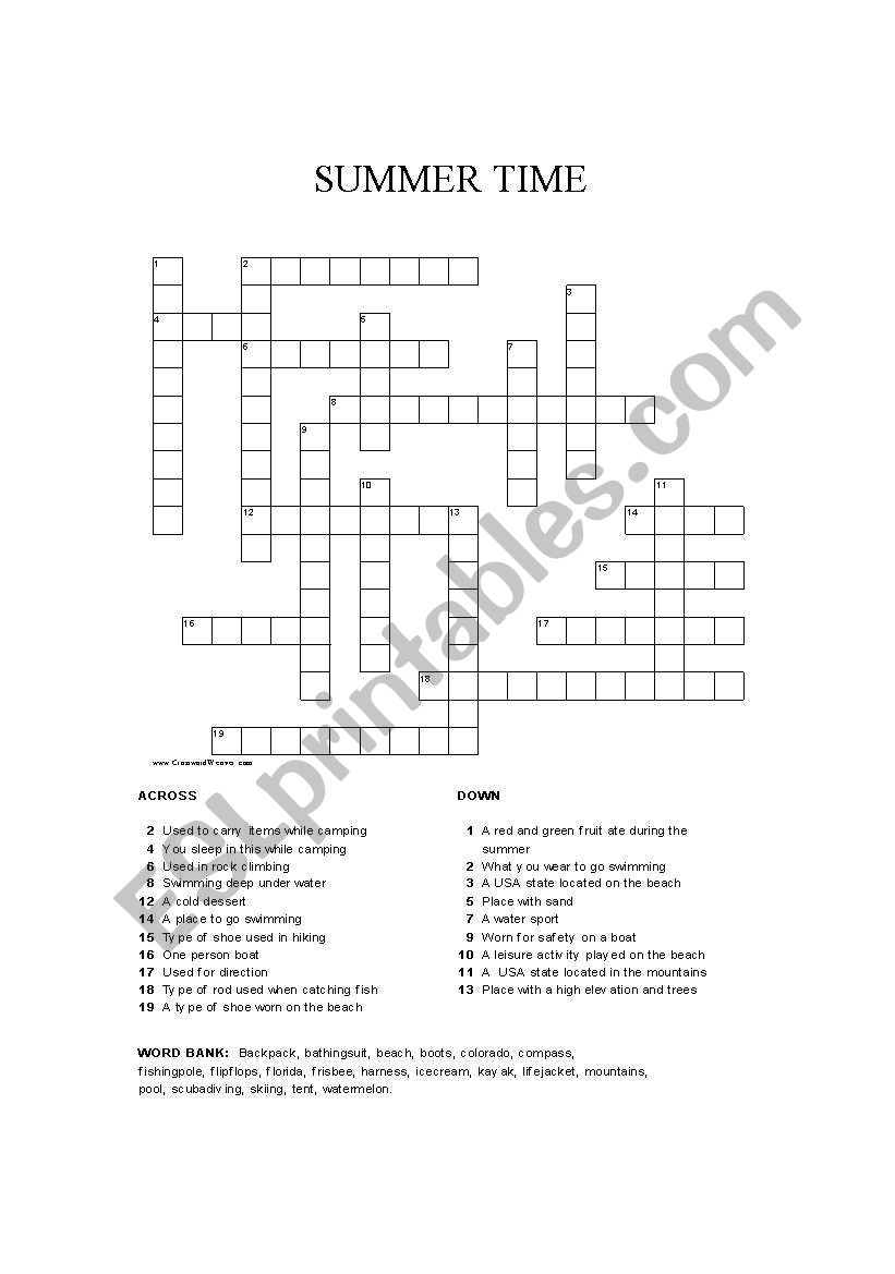 English Worksheets Summer Time Crossword Puzzle