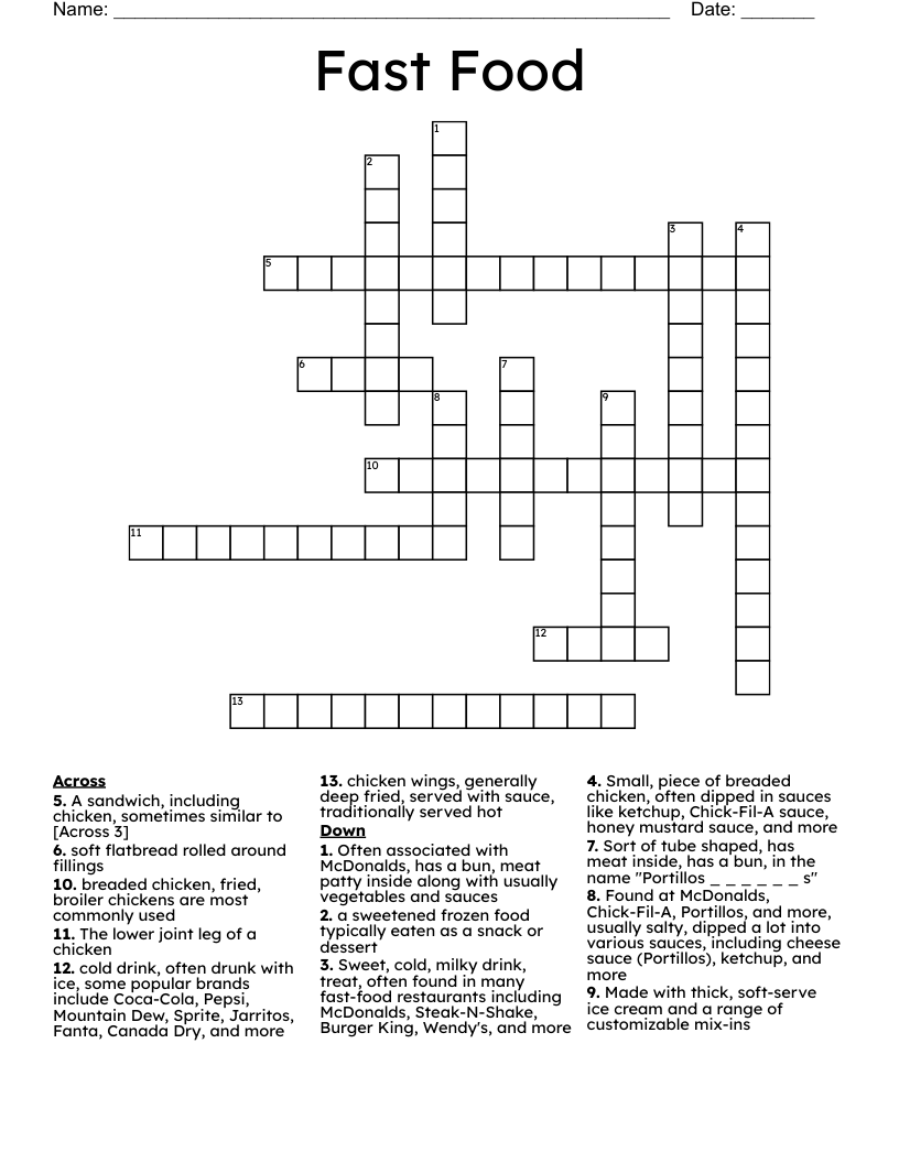 Fast Food Crossword WordMint