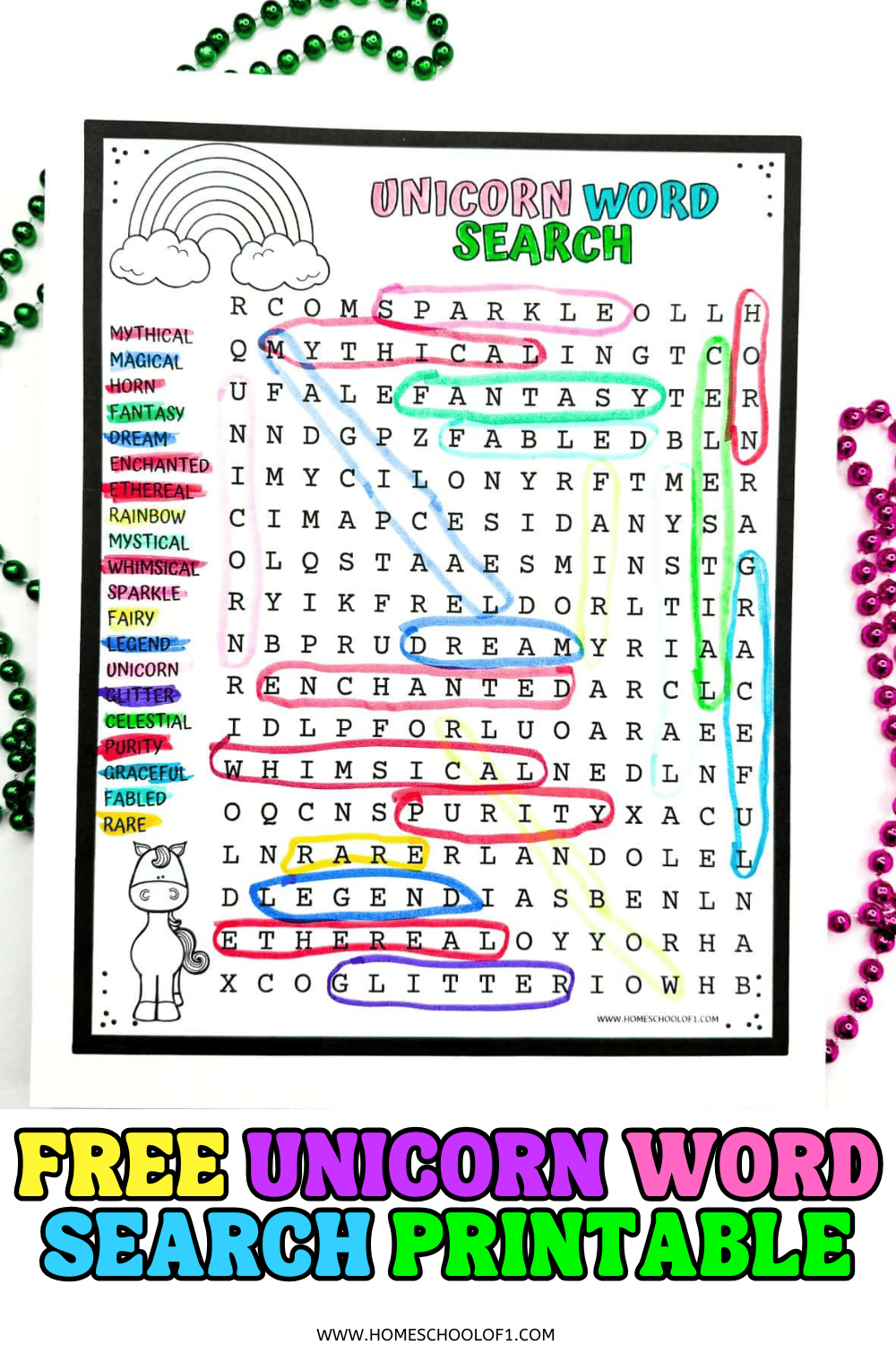 Free Unicorn Word Search Printable For Kids