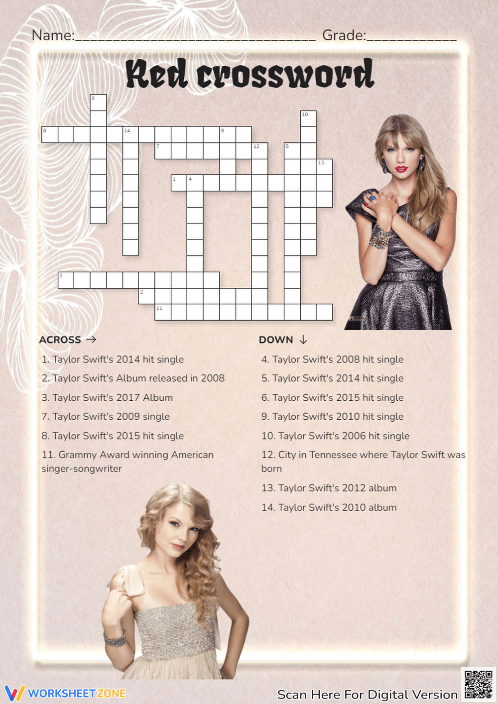 Grade 1 Taylor Swift Crossword Worksheets Printable Grade 1 Taylor Swift Crossword Worksheets Printable