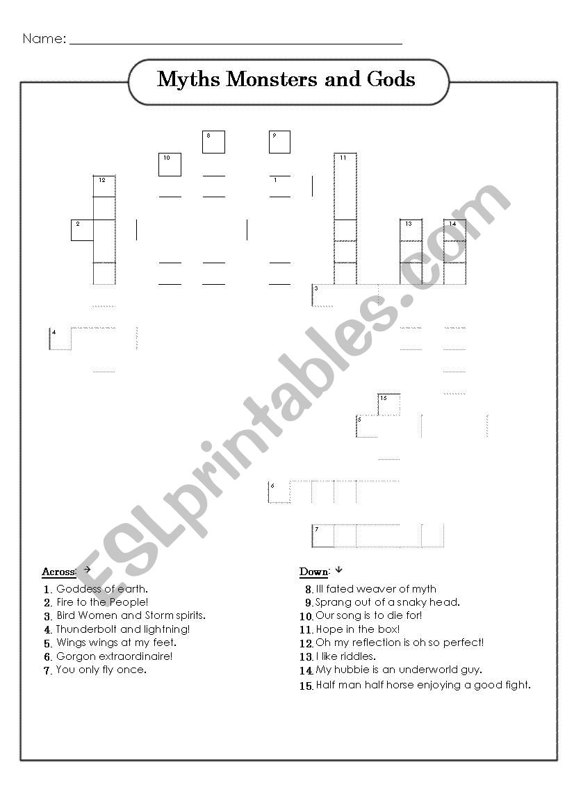 Greek Myths Monsters And Gods Crossword ESL Worksheet By Kgeorganta