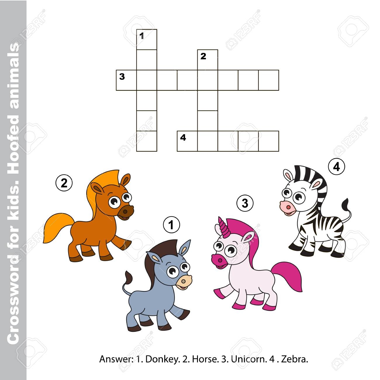 Horse And Donkey Zebra And Unicorn The Easy Level The Simple Crossword For Children Task And Answer Colorful Version Royalty Free SVG Cliparts Vectors And Stock Illustration Image 60596556 