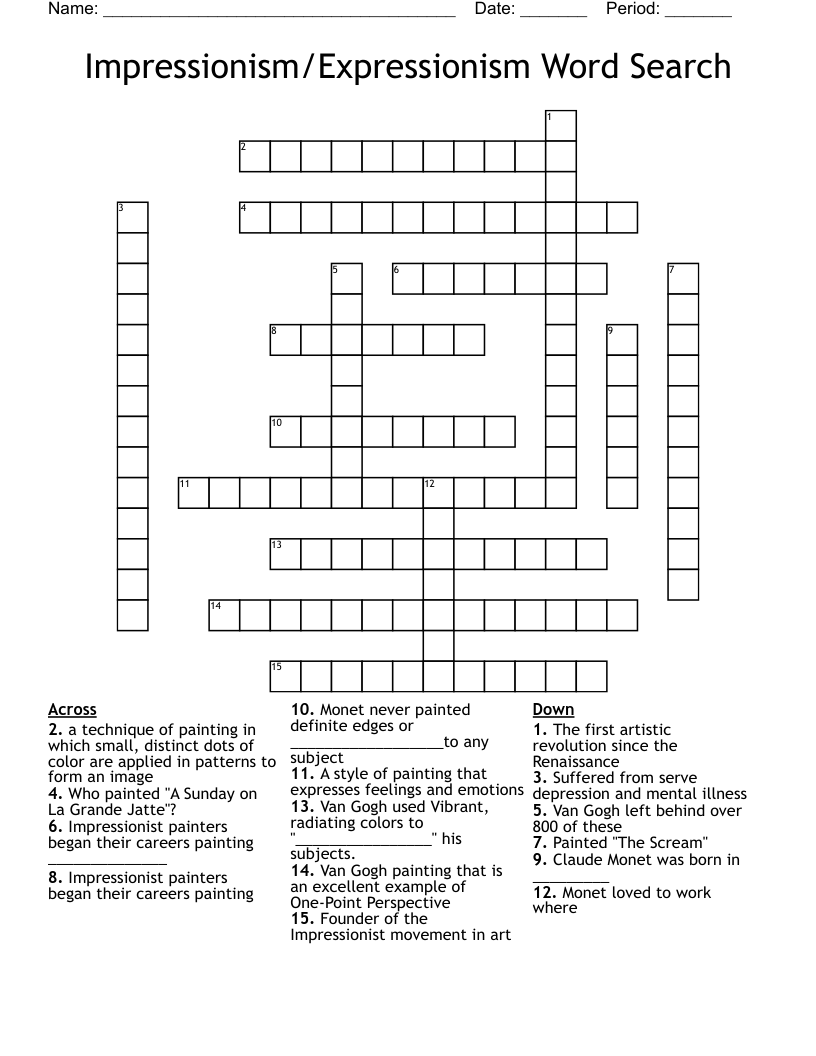 Impressionism Expressionism Word Search Crossword WordMint