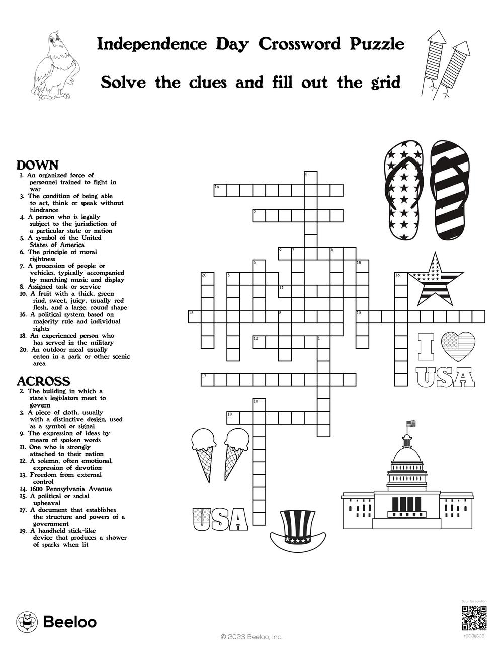 Independence Day Crossword Puzzle Beeloo Printable Crafts And Activities For Kids