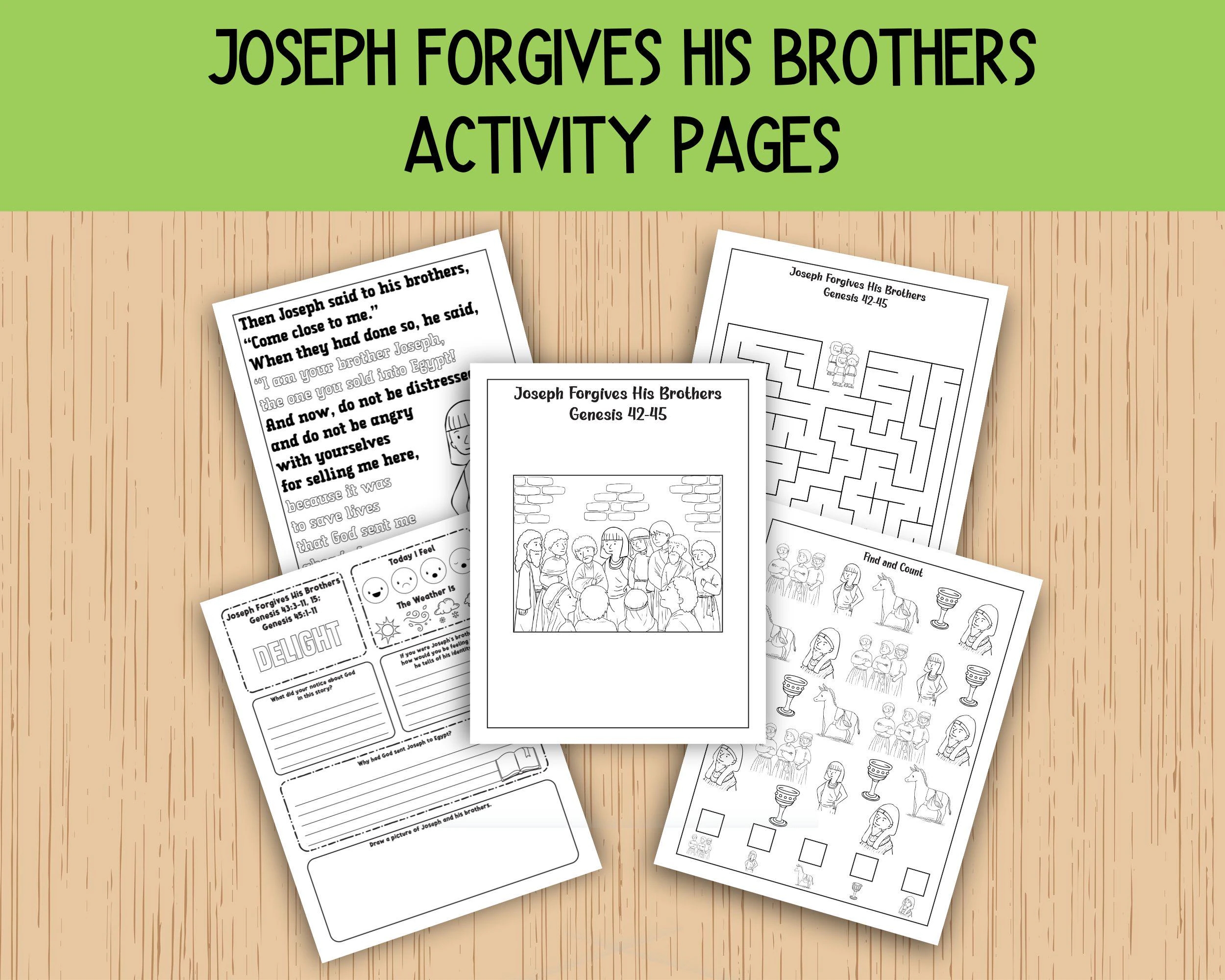 Joseph Forgives His Brothers Activity Pages Sunday School Activities Bible Class Lesson Pages Children s Church Etsy
