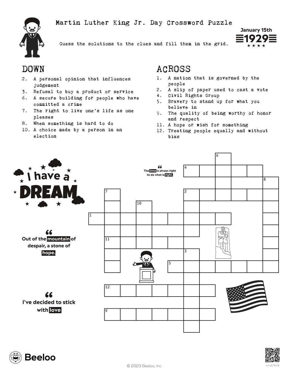 Martin Luther King Jr Day Crossword Puzzle Beeloo Printable Crafts And Activities For Kids Martin Luther King Jr Day Crossword Puzzle Beeloo Printable Crafts And Activities For Kids