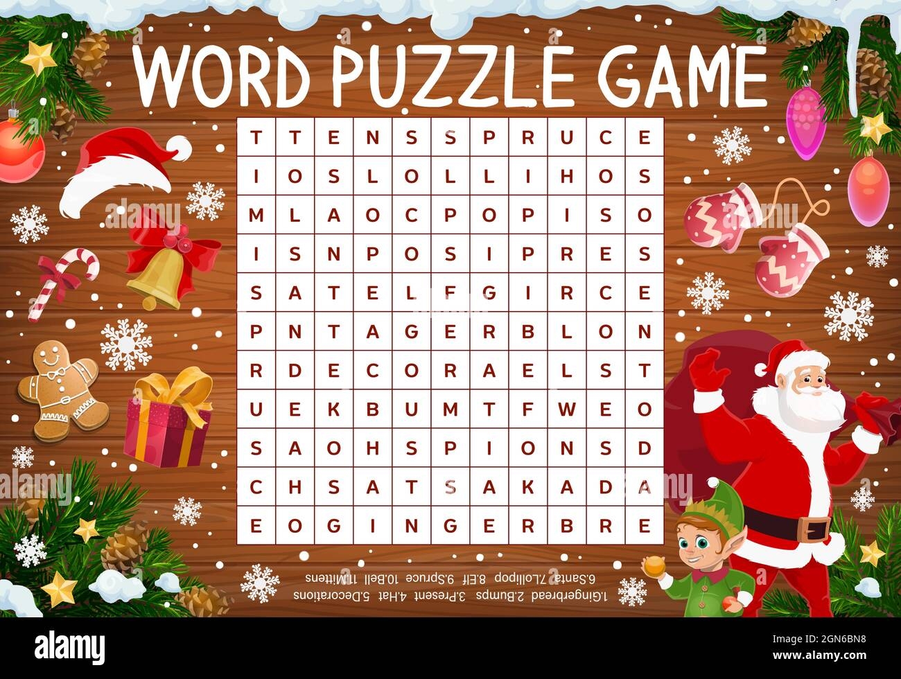Merry Christmas Word Puzzle Game Worksheet Word Quiz Or Riddle With Santa Elf And Xmas Candy