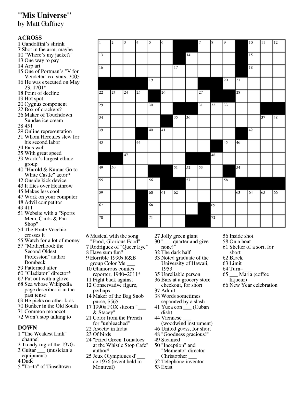 MGWCC 194 Friday February 17th 2012 Mis Universe Matt Gaffney s Weekly Crossword Contest
