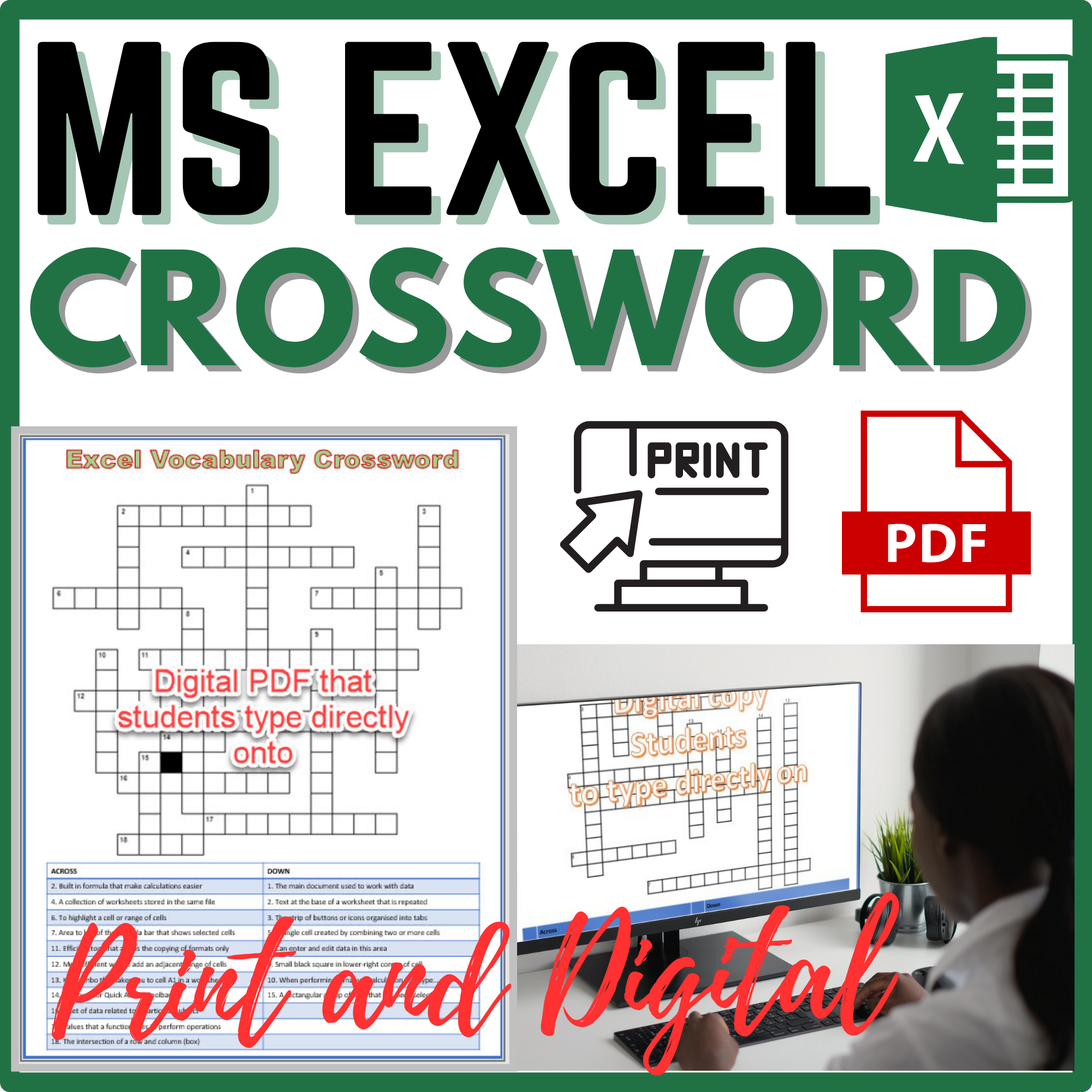 Microsoft Excel Vocabulary Crossword Puzzle Digital And Print Activity Made By Teachers