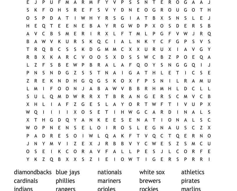MLB Teams Word Search WordMint