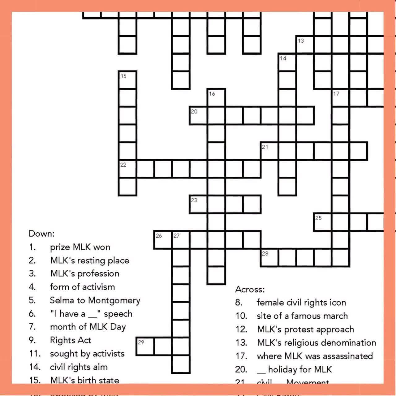 MLK Day Crossword Puzzle Educational Activity For Students And Teachers Civil Rights Martin Luther King Jr Printable PDF Etsy MLK Day Crossword Puzzle Educational Activity For Students And Teachers Civil Rights Martin Luther King Jr Printable PDF Etsy