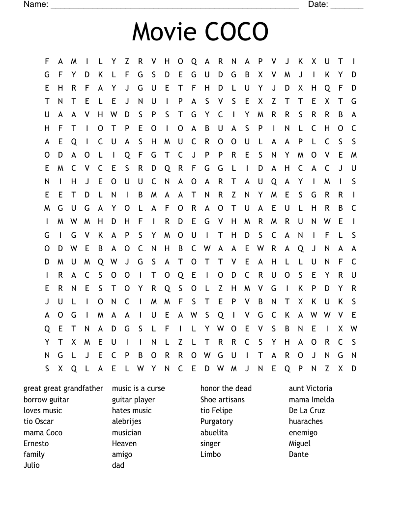 Movie COCO Word Search WordMint