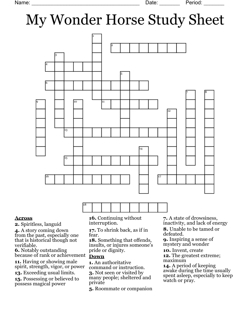 My Wonder Horse Study Sheet Crossword WordMint