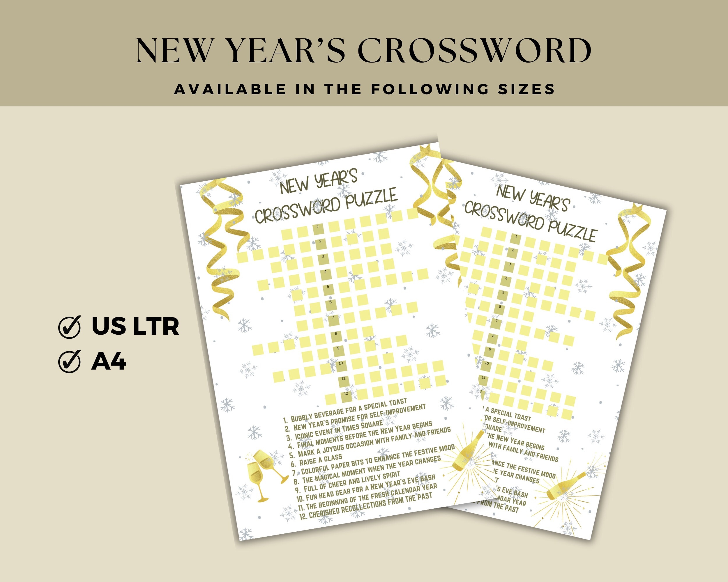 New Year s Crossword Puzzle Holiday Puzzle Winter Activity Etsy