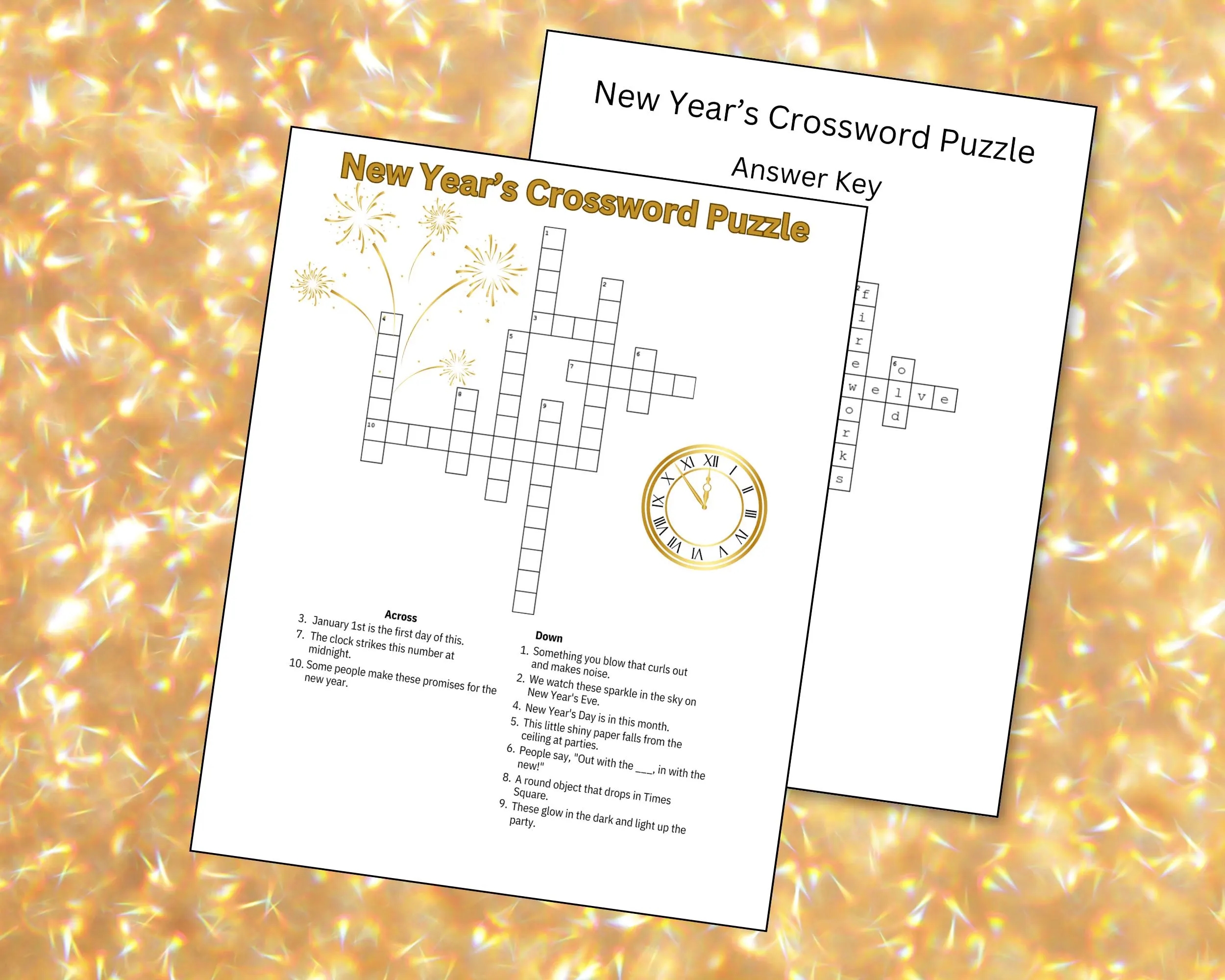 New Year s Crossword Puzzle Printable Worksheet For Kids Adults And Seniors Etsy