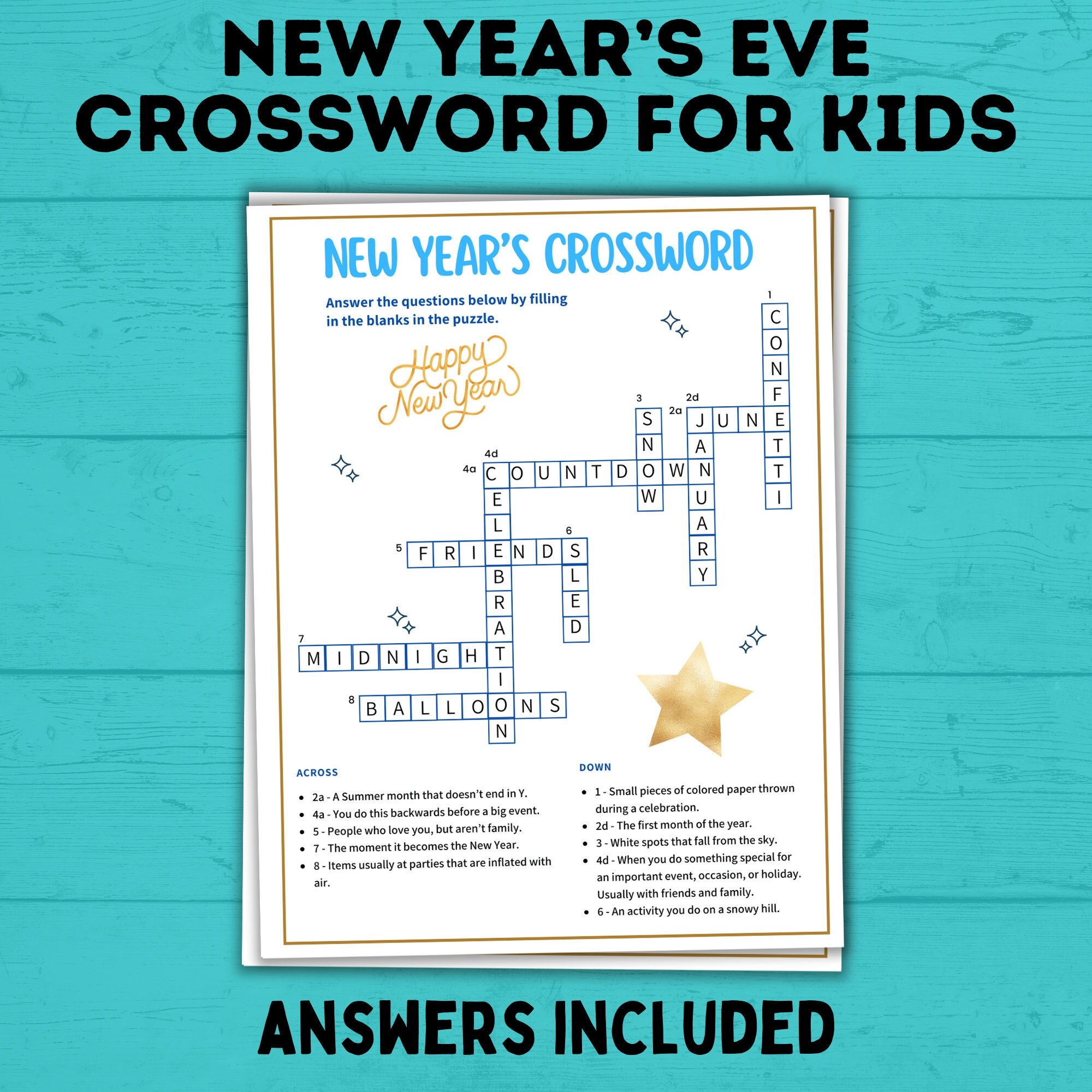 New Year s Eve Crossword For Kids Kids Games Kids Crosswords Kids Puzzles New Year s Eve Games For Kids NYE Printables Party Etsy