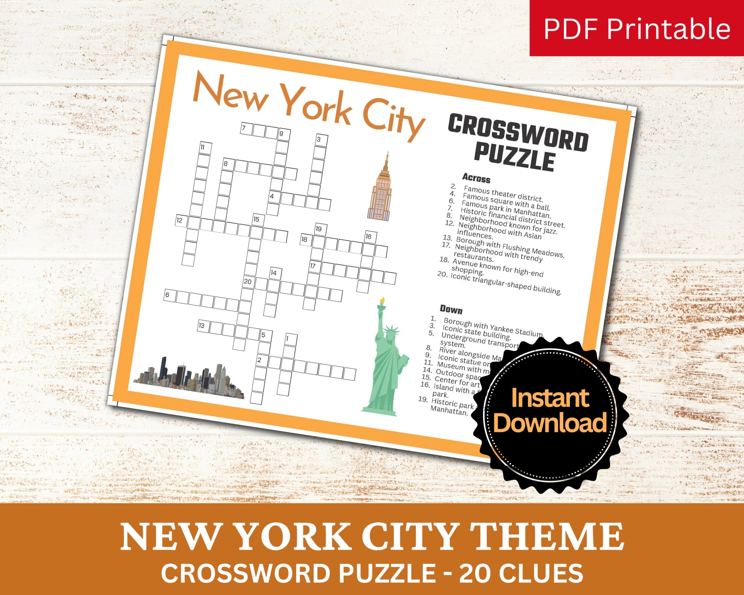 New York City Crossword Puzzle Printable Game Fun Travel Club Theme Birthday Activity USA Country Traveler Party Gathering Word Game PDF Etsy