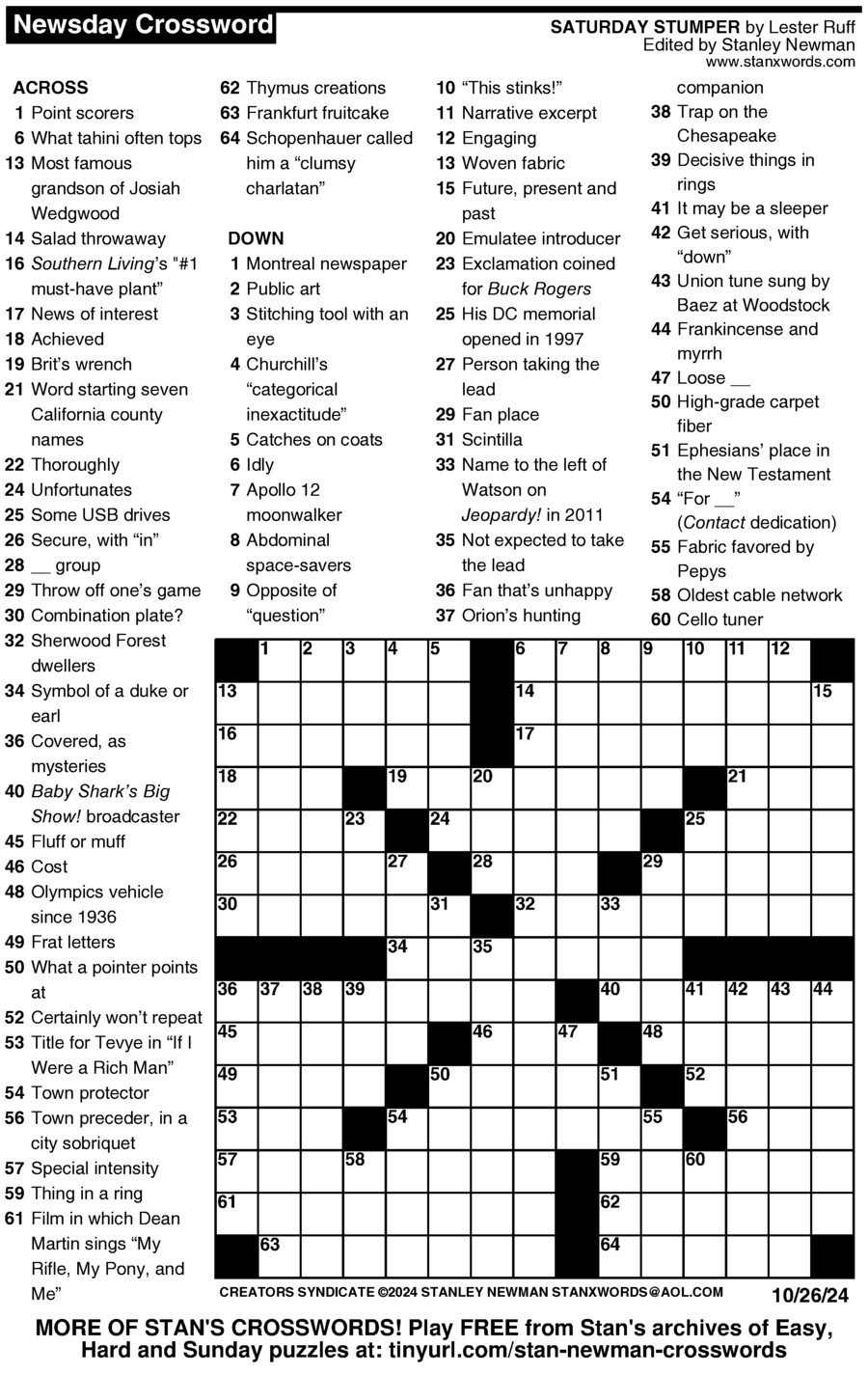 Newsday Crossword Puzzle For Oct 26 2024 By Stanley Newman Creators Syndicate