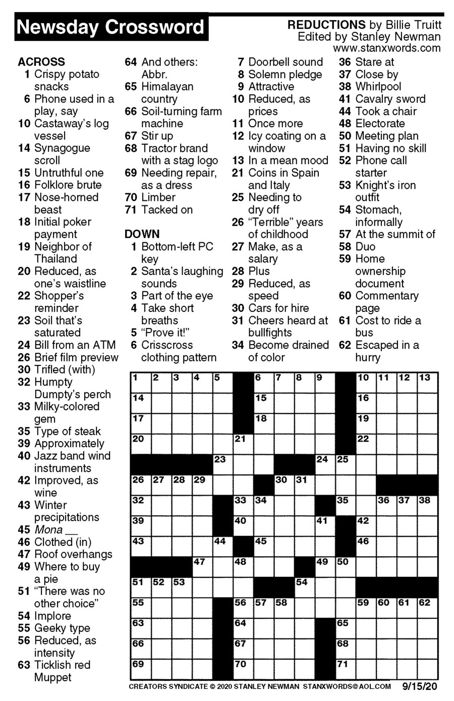 Newsday Crossword Puzzle For Sep 15 2020 By Stanley Newman Creators Syndicate Newsday Crossword Puzzle For Sep 15 2020 By Stanley Newman Creators Syndicate