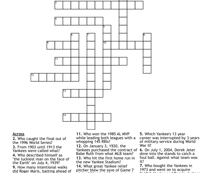 NY Yankees Crossword WordMint