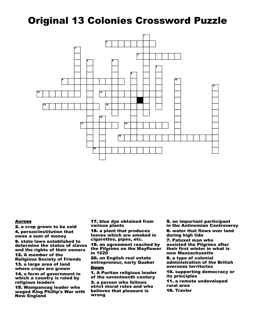 Original 13 Colonies Crossword Puzzle WordMint