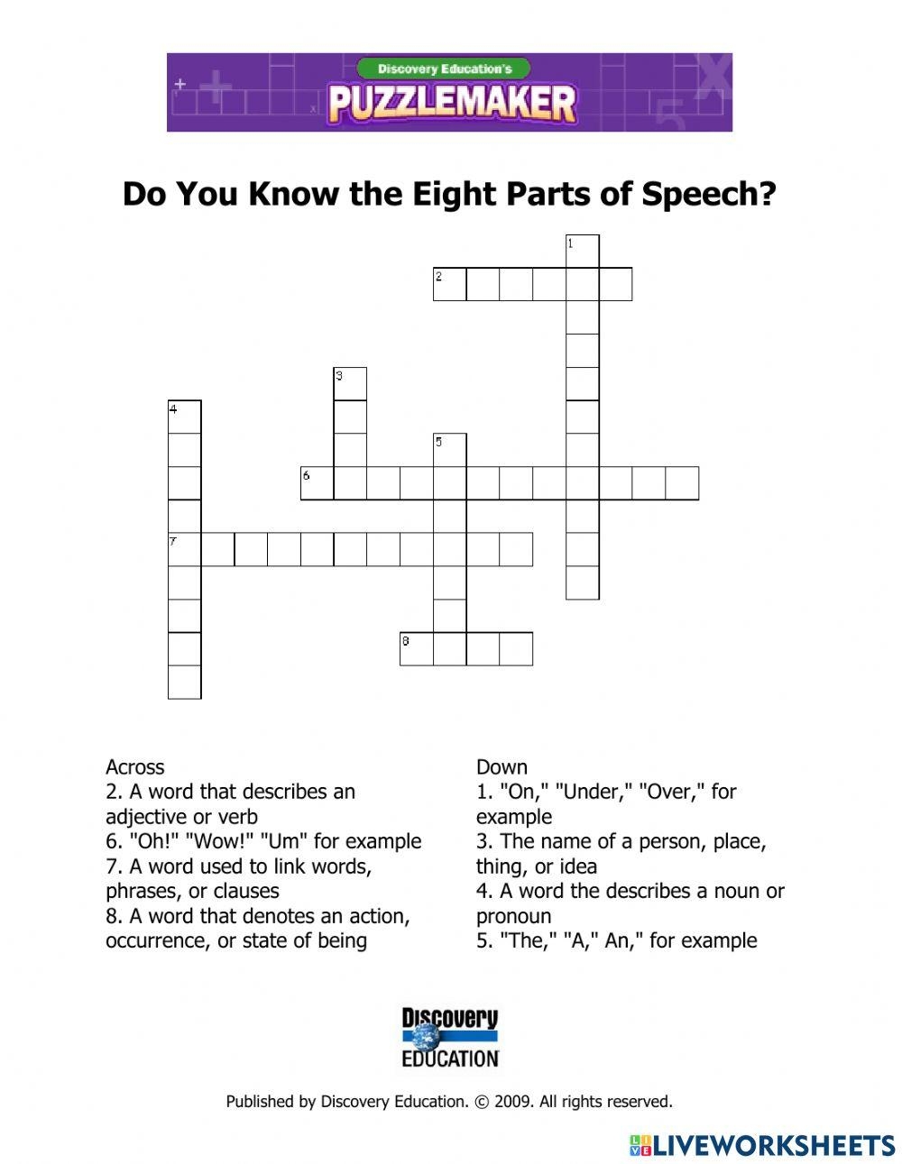 Parts Of Speech Crossword Puzzle Online Exercise For Live Worksheets Worksheets Library