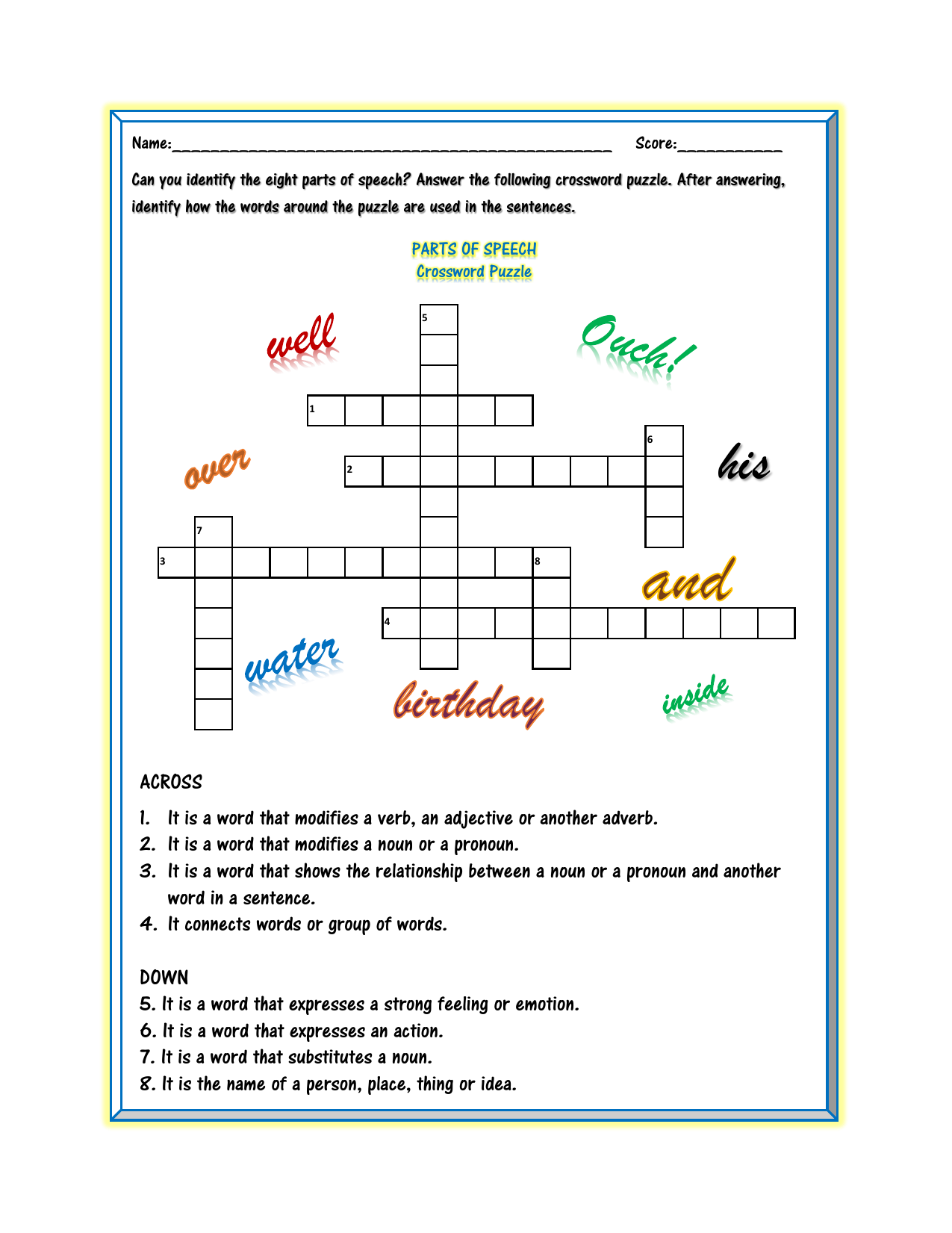 Parts Of Speech Crossword Printable