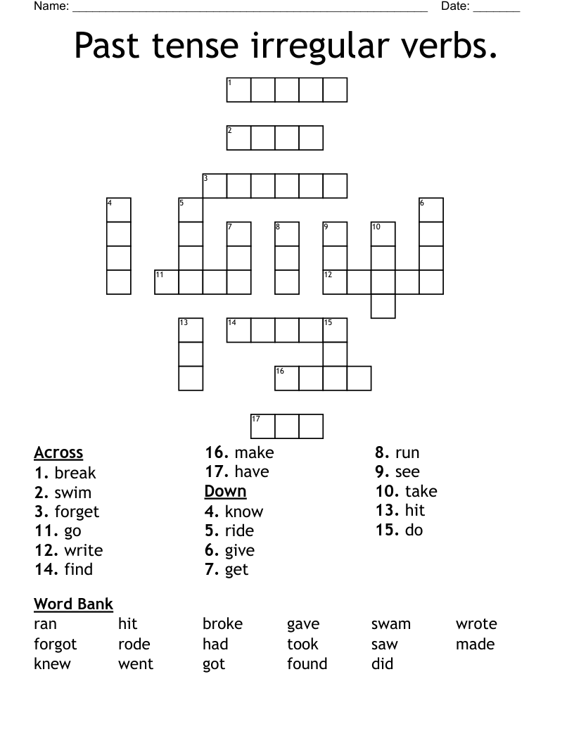 Past Tense Irregular Verbs Crossword WordMint Past Tense Irregular Verbs Crossword WordMint